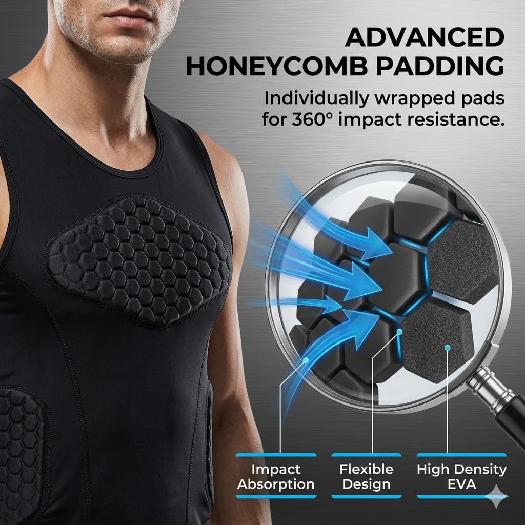 Adult Padded Compression Shirt Training Vest (4-Pad) Sleeveless T-Shirt Ribs, Back Protector Tank- Football Soccer Basketball Hockey Protective Gear