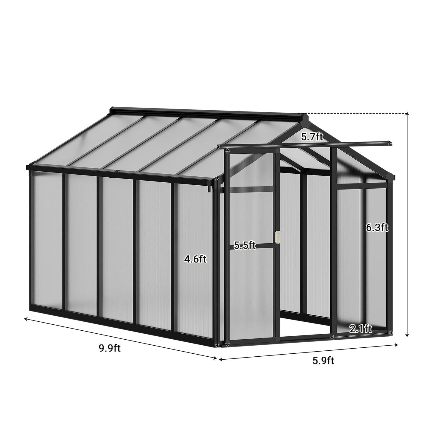 6X10 ft Greenhouse, Greenhouses for Outside, Aluminum Frame Polycarbonate Panels with Sliding Lockable Door and Ajustable Roof Vent, Spacious Walk-in Design for Backyard, Garden, Patio, Black