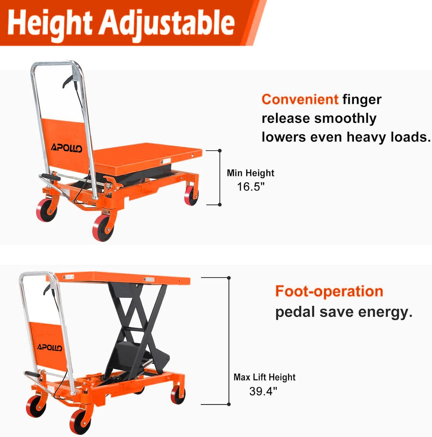 APOLLO Hydraulic Lift Cart 1760lbs Capacity, 39.4” Lifting Height Lift Table Cart, Manual Single Scissor Lift Table with 4 Wheels and Foldable Handle, for Material Handling, Elevating, Transportation