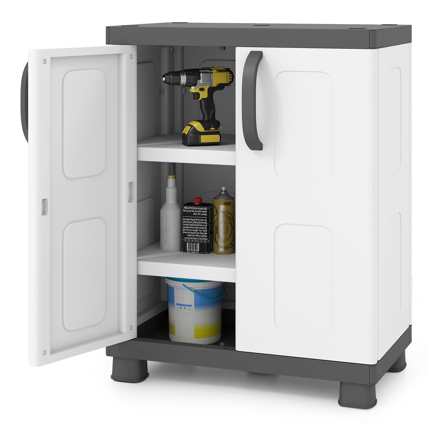Giantex Storage Cabinet with 2 Doors and Adjustable Shelves, Modern Plastic Base Garage Organizer, Floor Sideboard for Kitchen, Dining Room, Bathroom (Wide-29"x19"x37",White+Grey)
