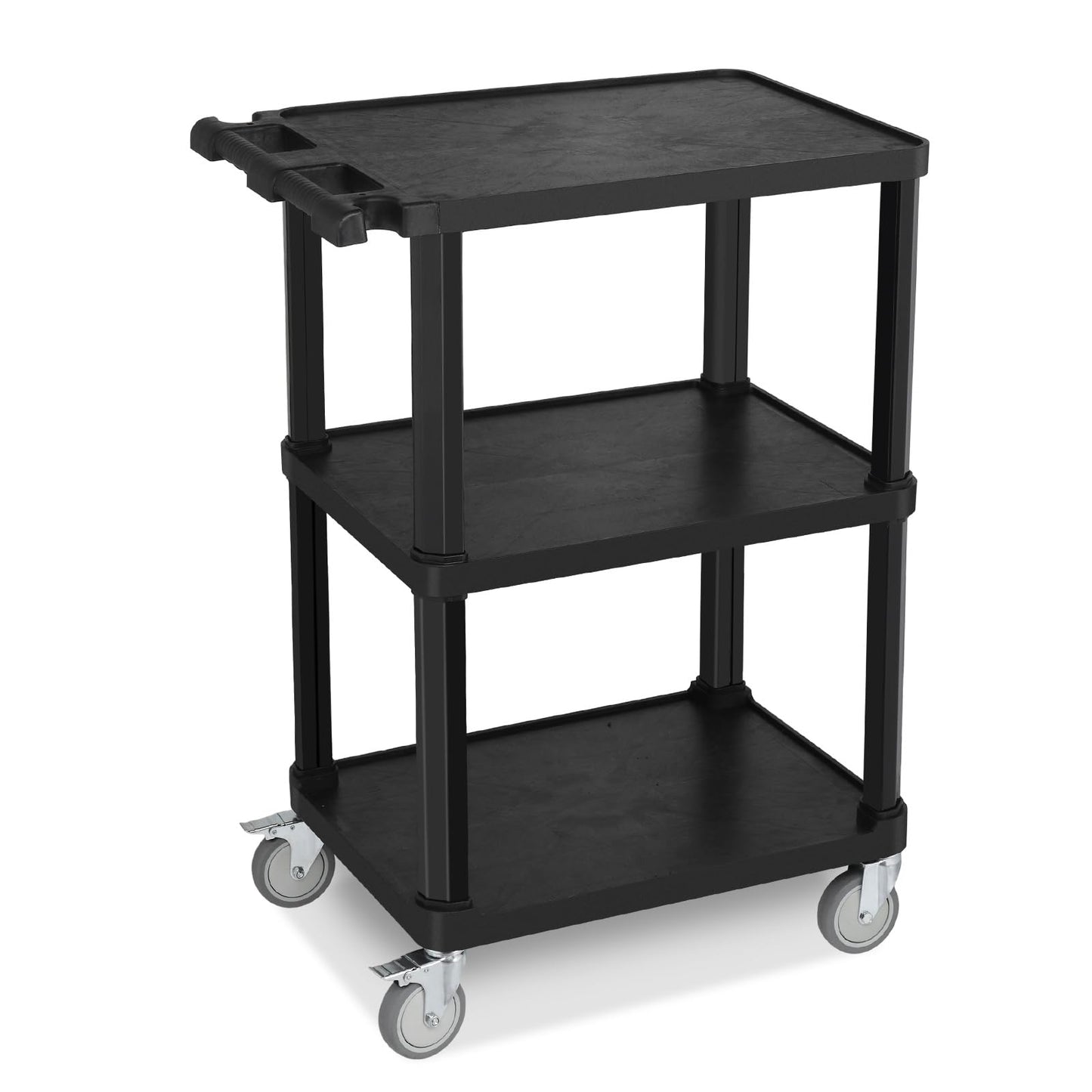 Leadzm 3-Tier Plastic Flat Utility Cart, Commercial Rolling Service Cart on Wheels with Braker, Multi-Function Handle and Large Capacity Storage, Perfect for Warehouse Garage Office, Black