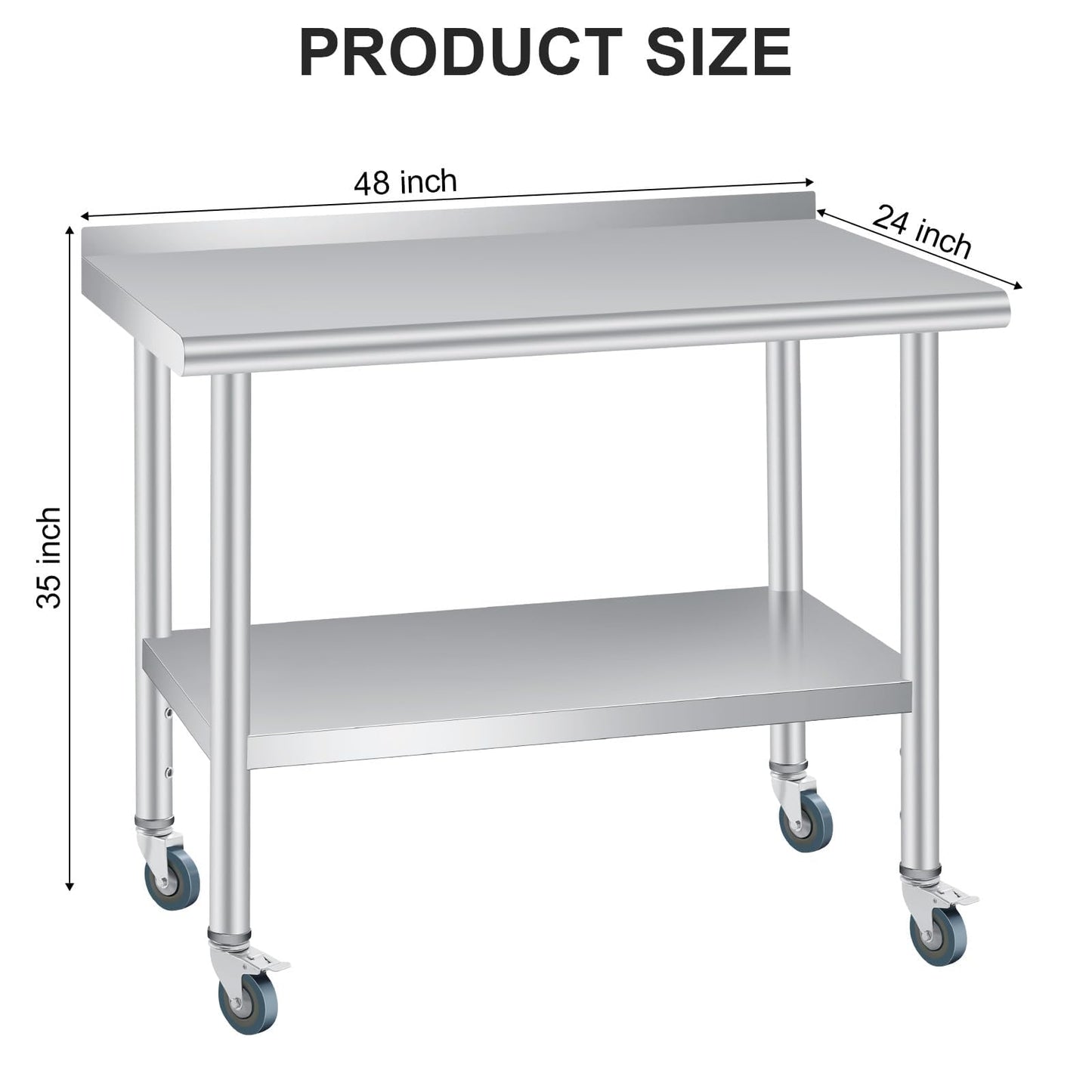 Stainless Steel Prep Table, 48 x 24 inches, with Backsplash & 4 Wheels, Adjustable Undershelf, Commercial Heavy Duty Table with Adjustable Under Shelf for Outdoor Use,Restaurants,Hotels,Works