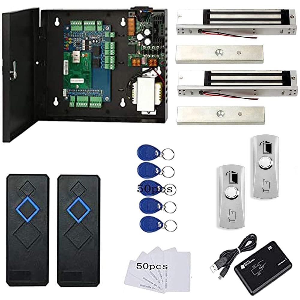 MENGQI-CONTROL 2 Door Access Control Panel System 600lbs Waterproof Magnetic Lock RFID Reader Metal Exit Button 110V Power Supply Box USB Reader RFID Card Key Fob Phone APP Remotely Open Door