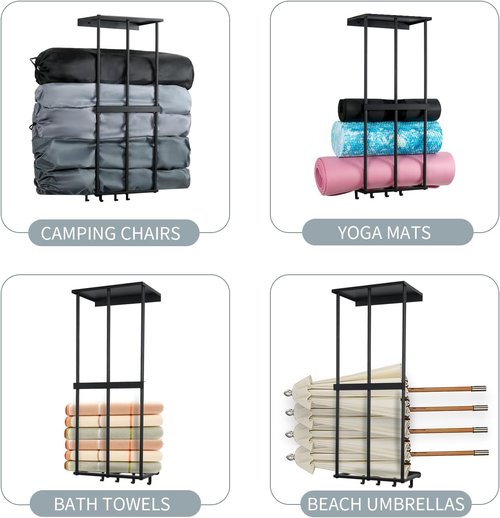 Camping Chair Rack - Wall-Mounted Metal Organizer with 4 Hooks for Garage Storage & Beach Chairs