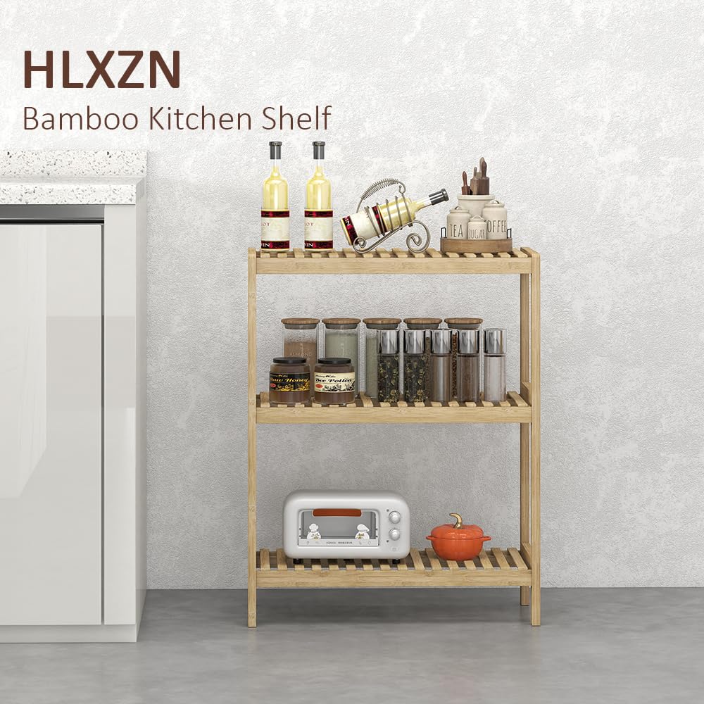 HLXZN 3-Tier Bamboo Freestanding Shelf Unit, Multifunctional Small Bookshelf Bookcase for Bathroom, Kitchen, Living Room, Office