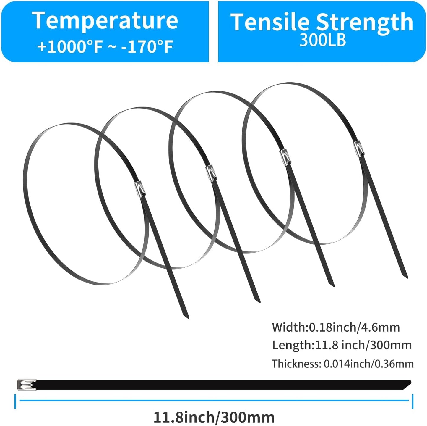 11.8 Inch (200 Pack), 304 300lbs XINGO Metal Zip Ties Stainless Steel Heavy Duty Zip Ties, Tensile Strength