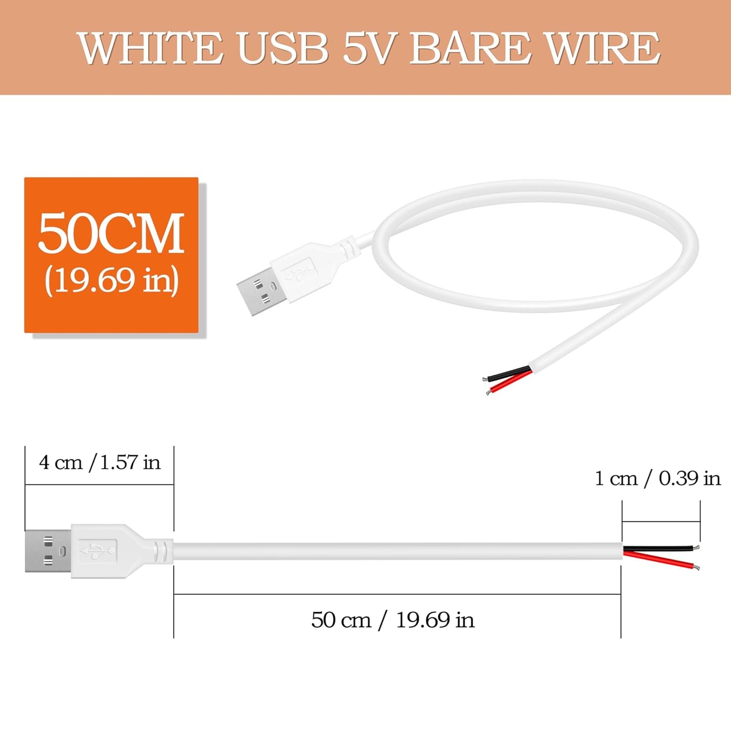 WMSDGZAI 24AWG 2.0 2 5V 2A 1.64FT 2PACK) USB Male Pin Bare Wire Pigtail Cable, USB Extension Cable Open End for DIY