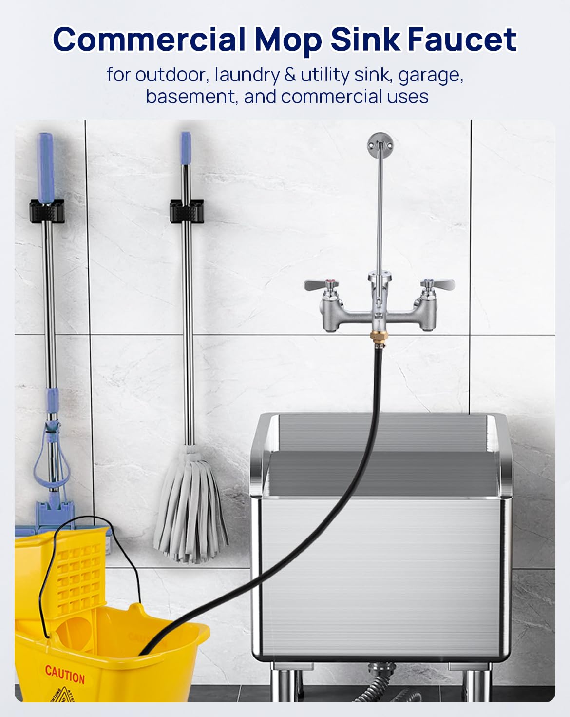 Sepaitek Commercial Mop Sink Faucet 8" Center Wall Mount, Heavy-Duty Service Sink Faucet with Vacuum Breaker 3/4" Hose Thread, for Industrial Outdoor Janitor Floor Mop Sink, Brass Casted Chrome Finish