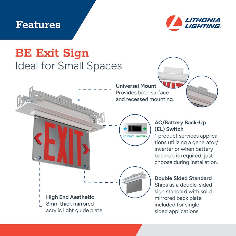 Lithonia Lighting Basics Edge-lit LED Exit Sign with Red Letters, Universal Mount Emergency Exit Only Sign, Ni-Cad Battery Backup (BE W R UM M2)