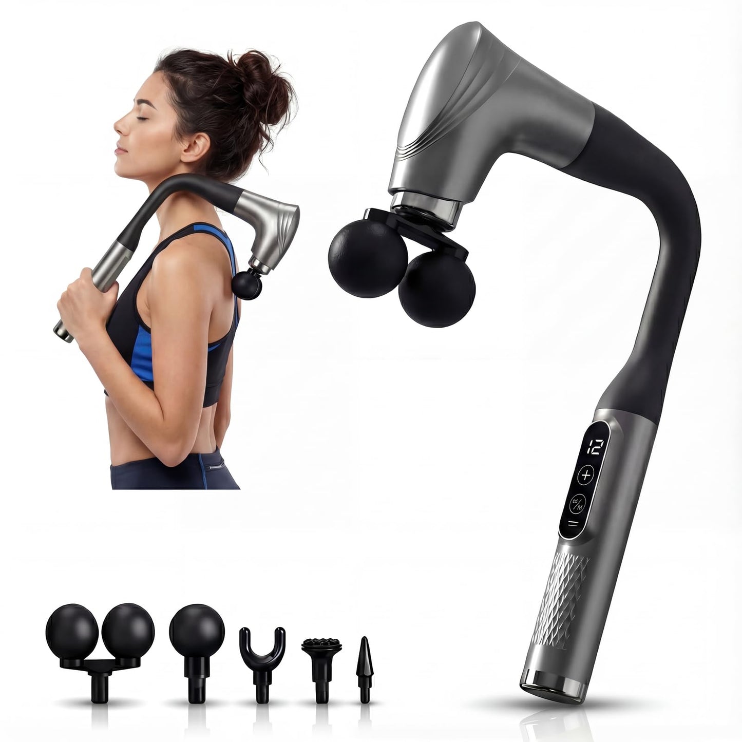 makecatch Long Handle Massage Gun for Back and Shoulders, Ergonomic Extended Reach Deep Tissue Massager, U-Shaped Dual Head Percussion Muscle Massager, 12 Speeds with 5 Heads, Quiet & Cordless