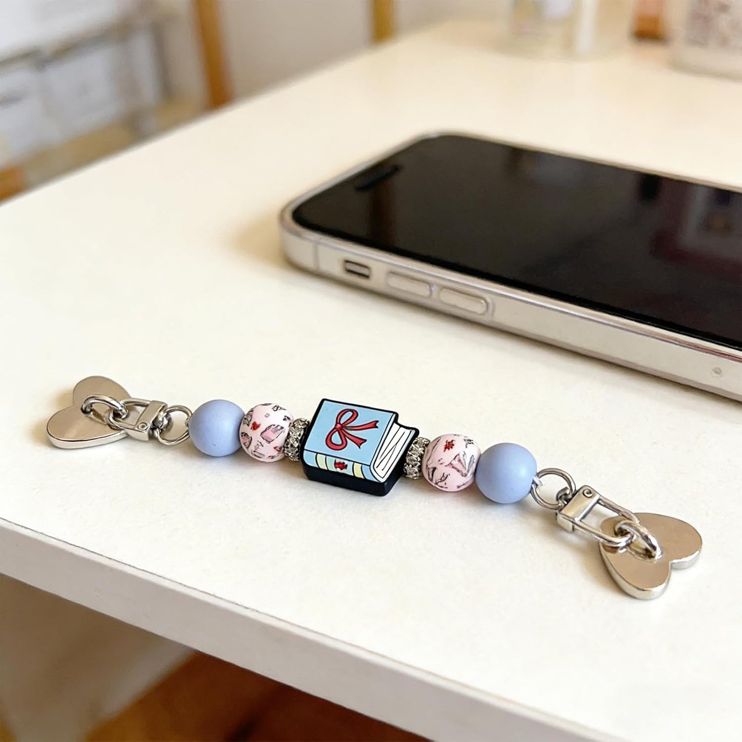 Cluksik Strap for E-book Reader, Cute Beaded Decorative E-book Reader Hand Strap Chain with Heart Clips, Blue Book