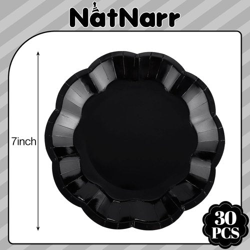 NatNarr 30 Pcs Black Paper Plates - 7 Inch Scalloped Disposable Dessert Plates for Parties & Events