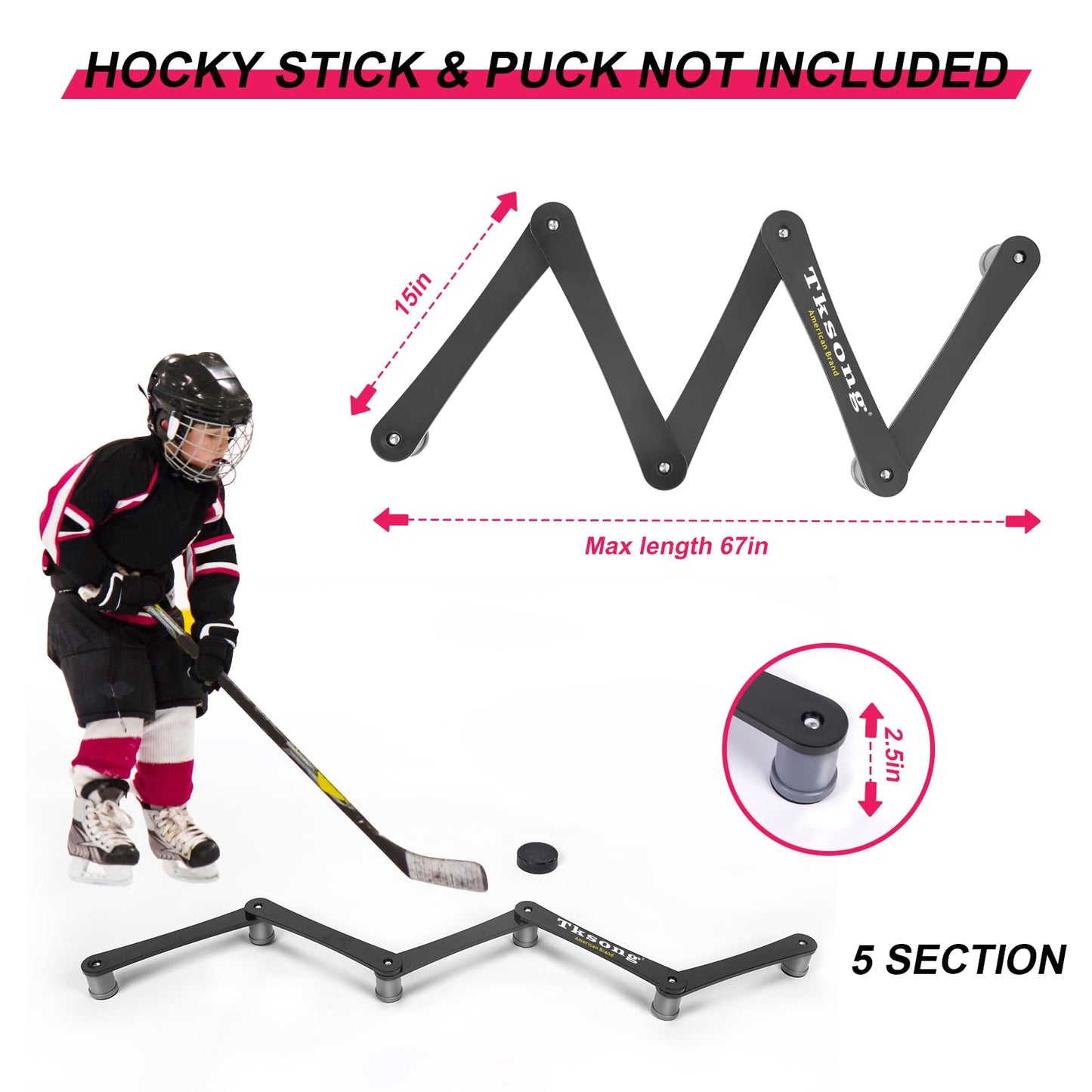 TKSONG Hockey Training Equipment - Adjustable Hockey Trainer for Stick Handling & Puck Control | Portable Stickhandling Training Tool for Kids & Adults | On/Off Ice Use，5-Sections(Black/Gray)