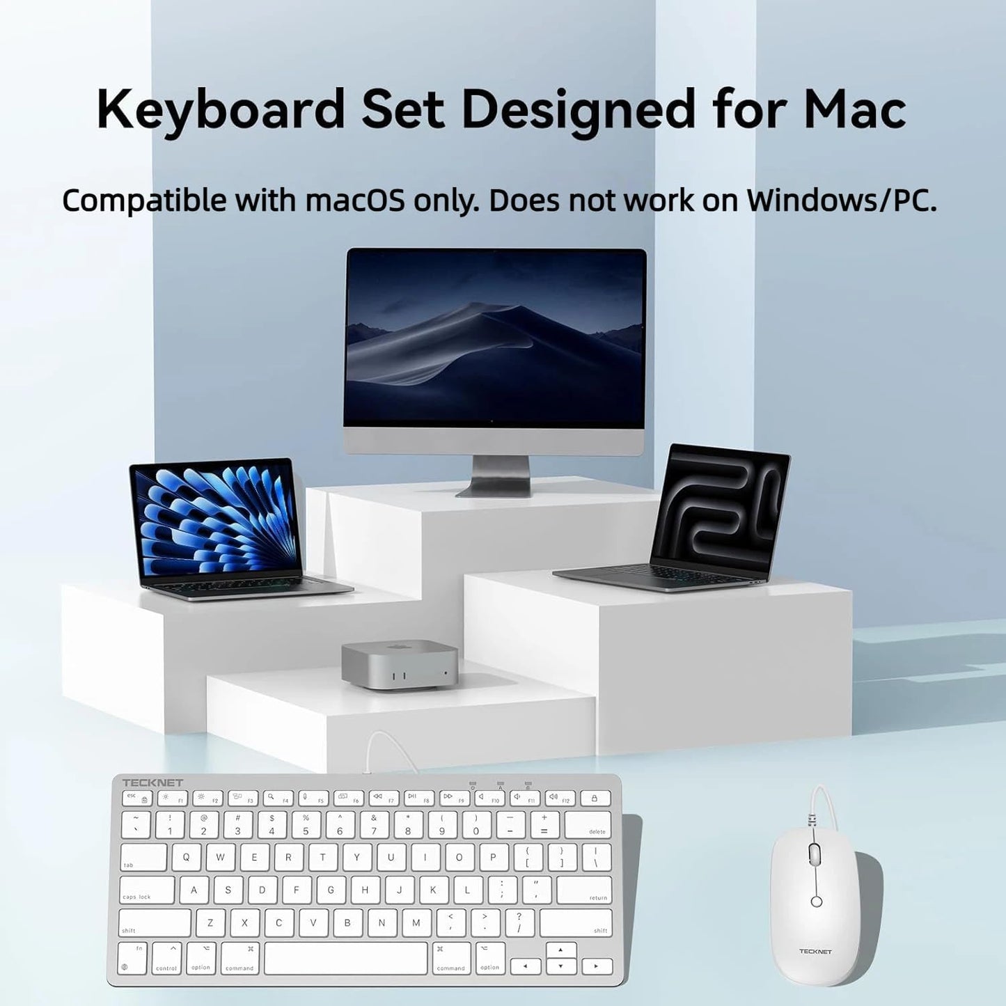 TECKNET Set USB Wired Keyboard and Mouse for Mac, Dual Interface(Type-C and USB A), Ergonomic Slim Keyboard Compatible