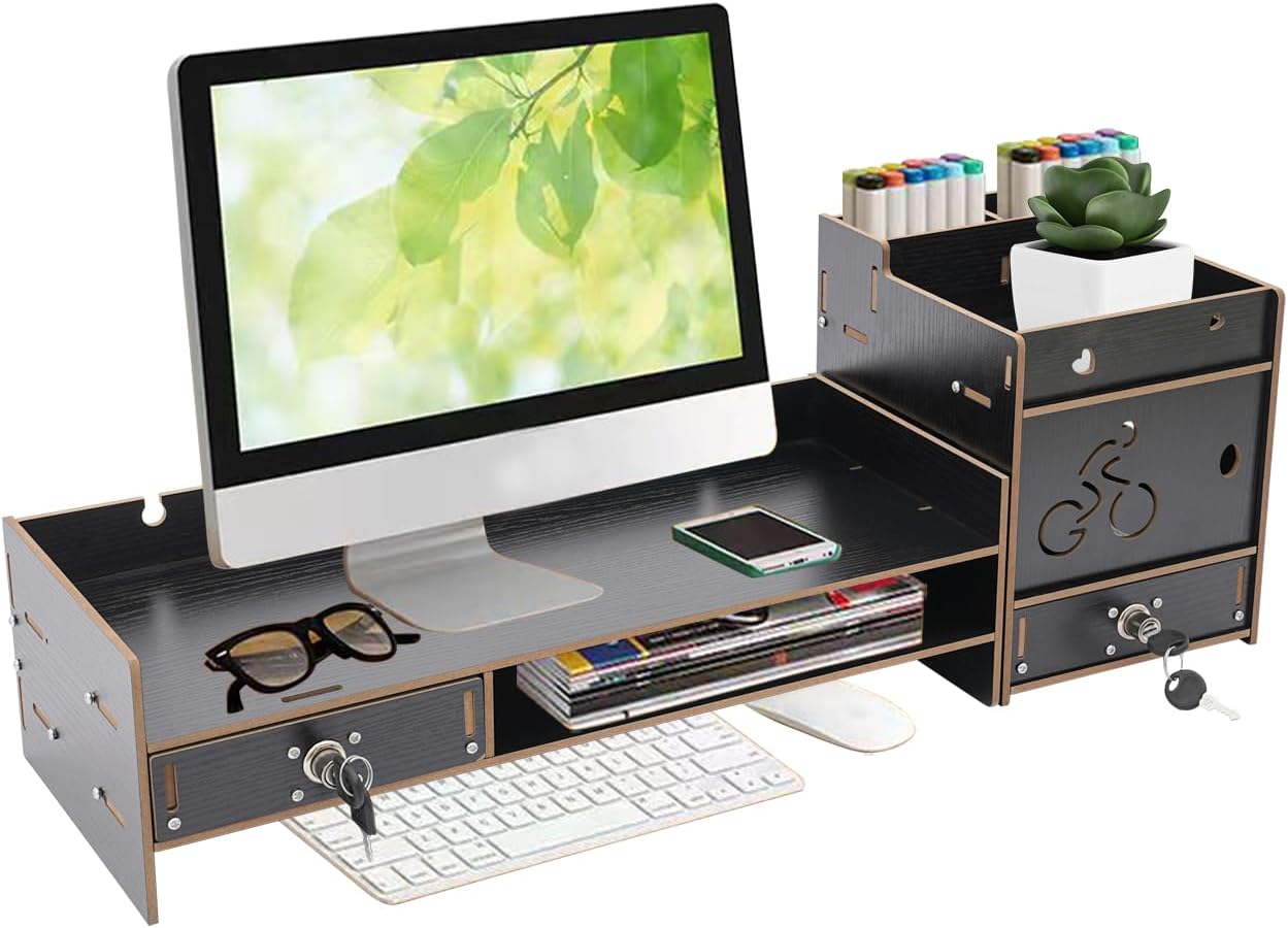 QUSKLISU (05) Computer Monitor Stand, Computer Rack with Drawers, Two top Platforms Desk Organizer Monitor Stand