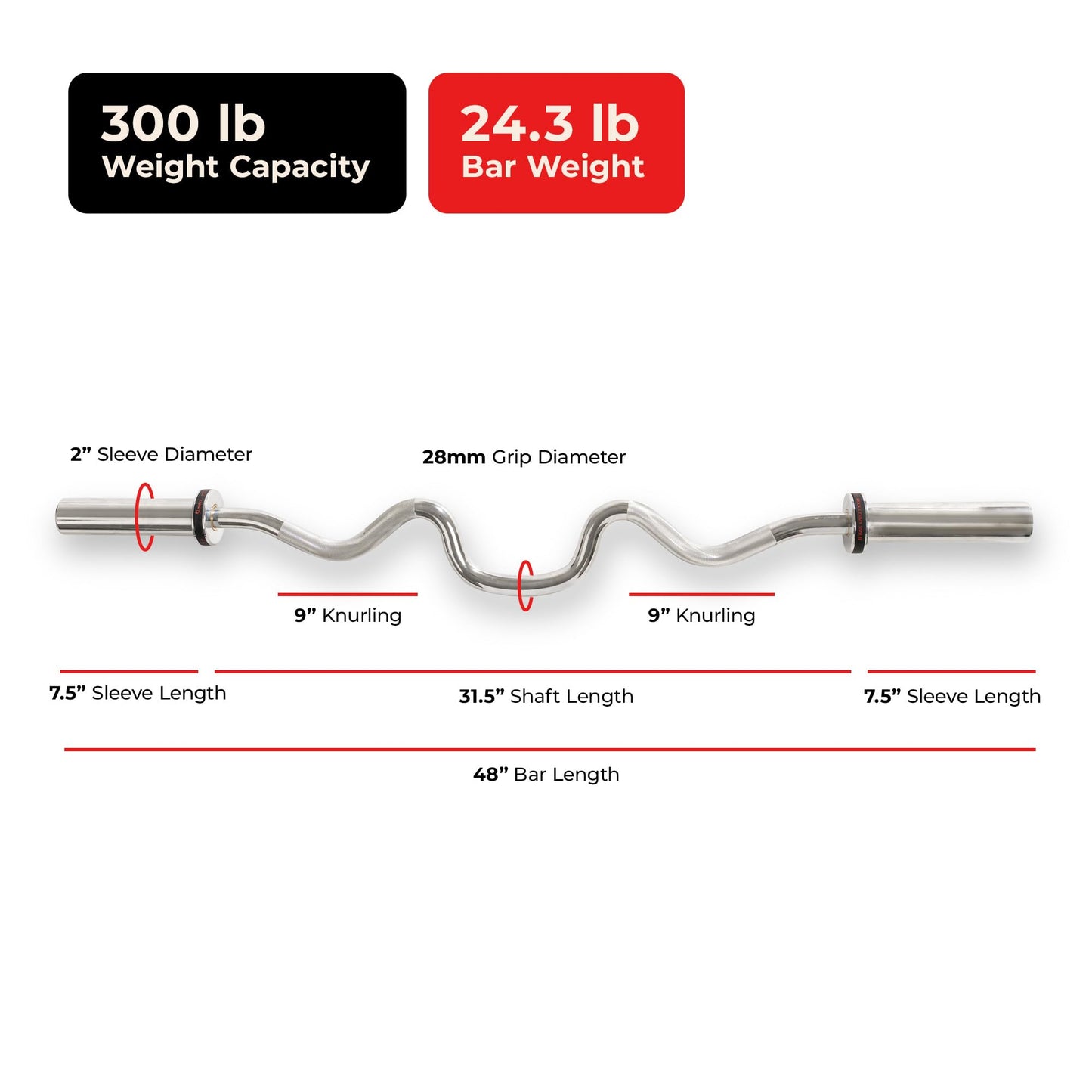 Sunny Health & Fitness Olympic Super Curl Bar for Home Gym, 48" Weight Bar with Angled Grip Design, 2" Olympic Sleeves, Bearing & Bushing Rotation, Chrome Finish, Includes Spin-Lock Collars, 300 lbs Capacity– SF-OB03-48