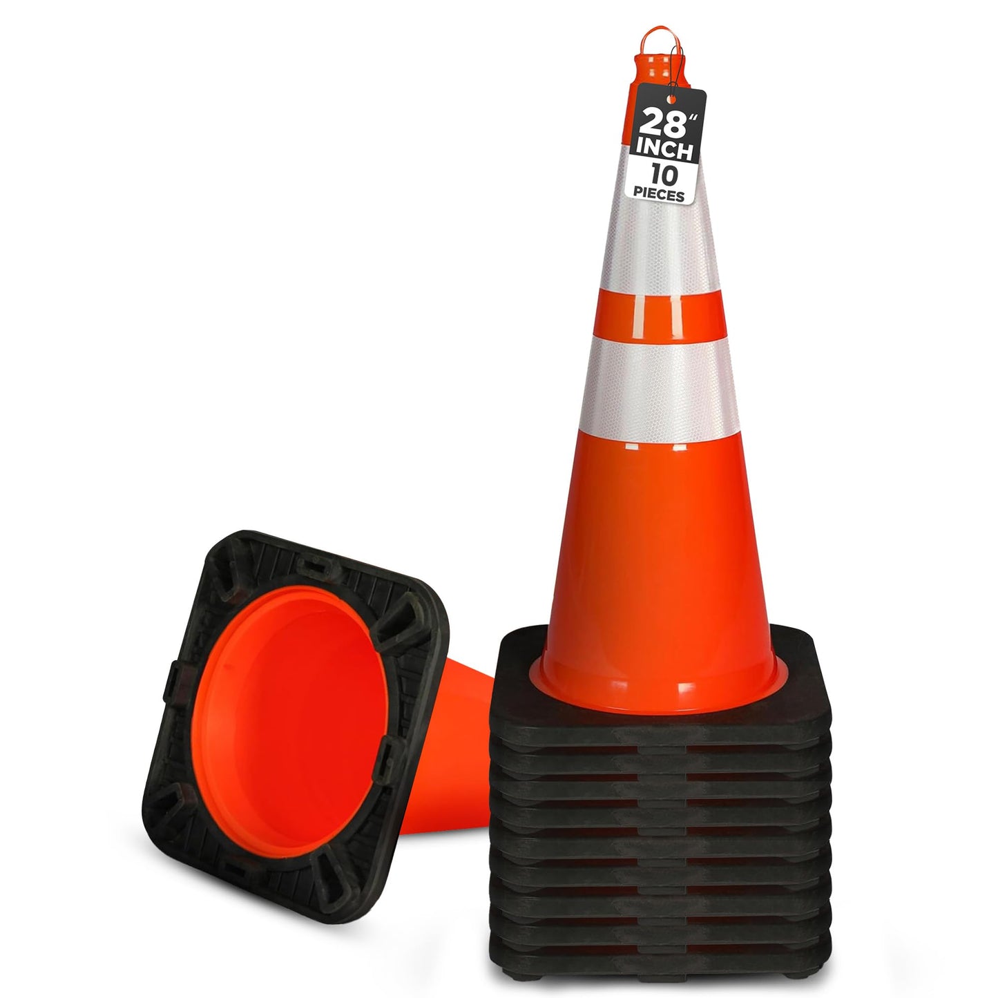 Pyle 28" Traffic Cones, 10-Pack High-Visibility Safety Markers for Roadwork, Parking Lots, Sports Training, and Construction Zones, Durable Orange PVC Cones with Stable Heavy-Duty Base