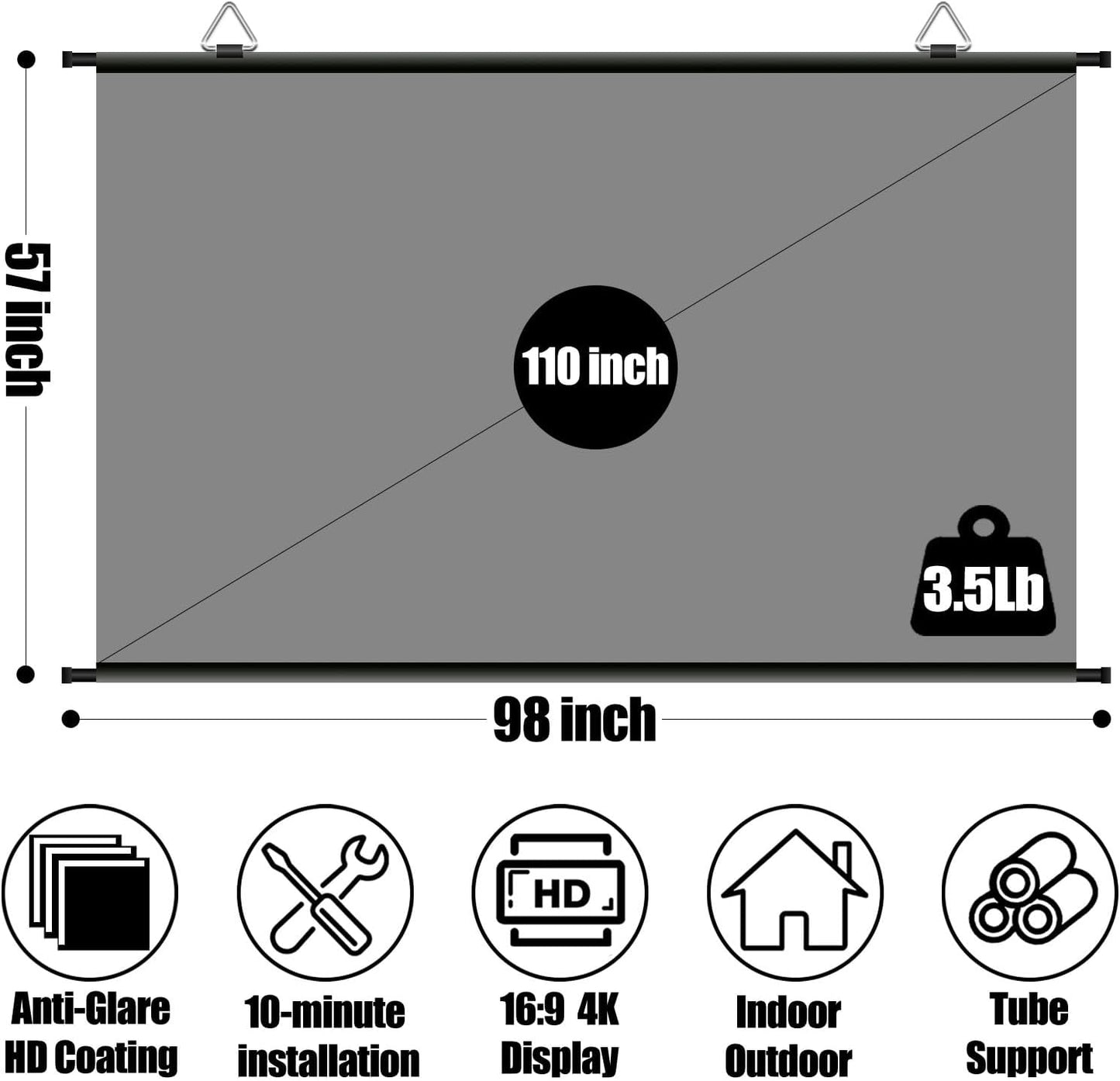 XIAOHUI 110 inch 3 4K 16:9 Projector Screen, Portable Movie Projector Screen for Outdoor Indoor with pcs Adhesive Hook