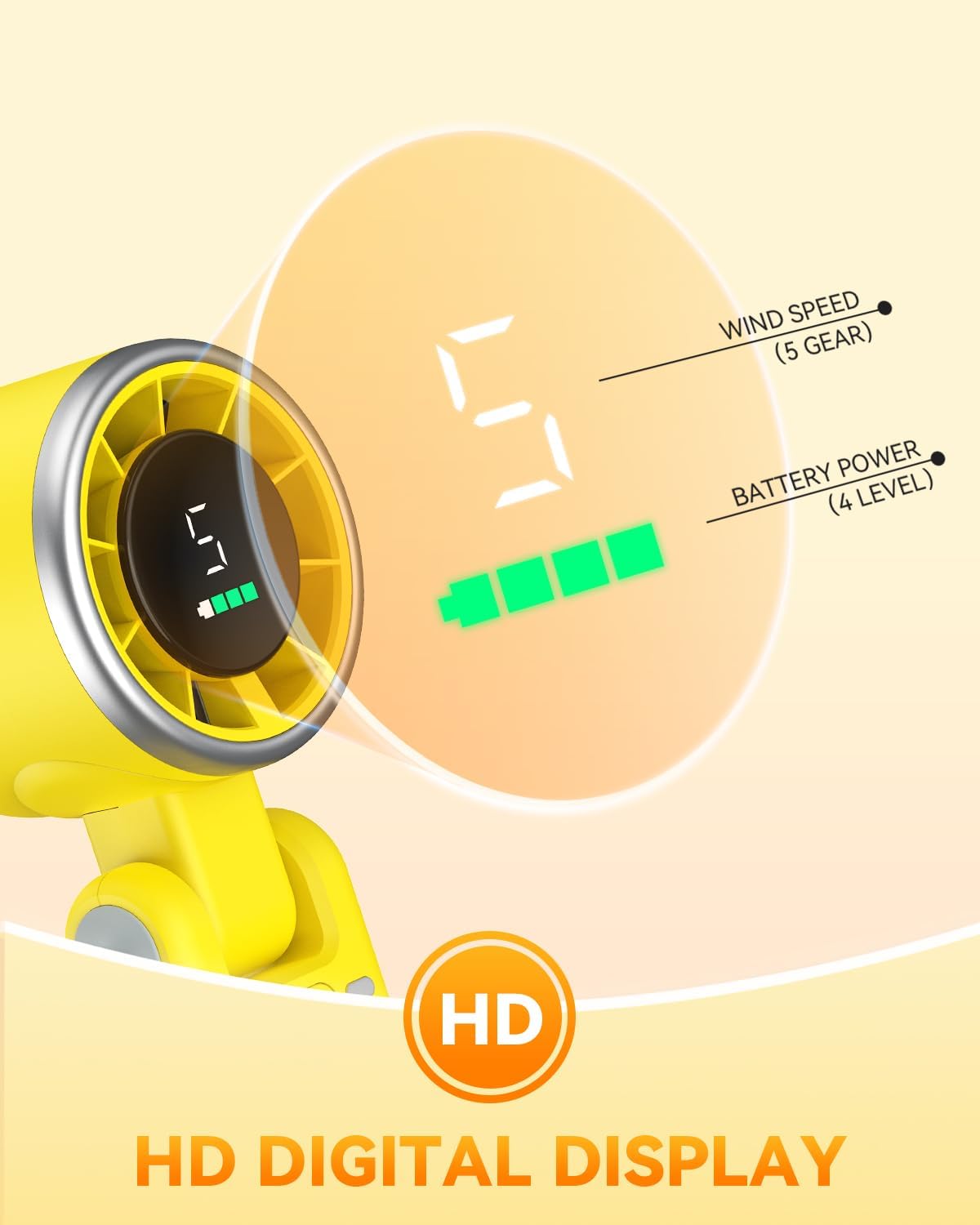 PlayHot Portable Handheld Turbo Fan - 5-Speed Rechargeable 5000mAh Battery | Lightweight 3-in-1 Design, Yellow