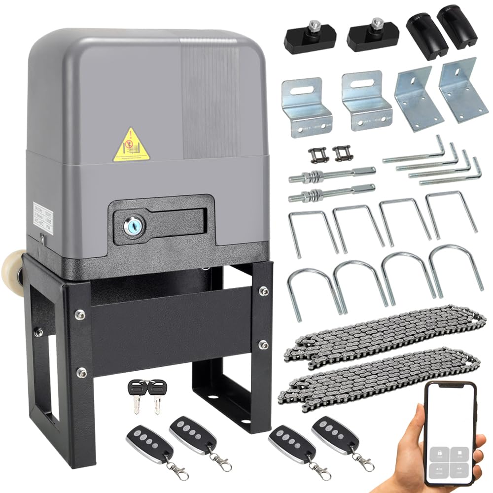 Sliding Gate Opener with WiFi App Control & 4 Remotes, Automatic Electric Gate Motor Complete Kit for Driveway Slide Gates Up to 1400lbs, Chain Driven Security System with Infrared Sensor, Auto Close
