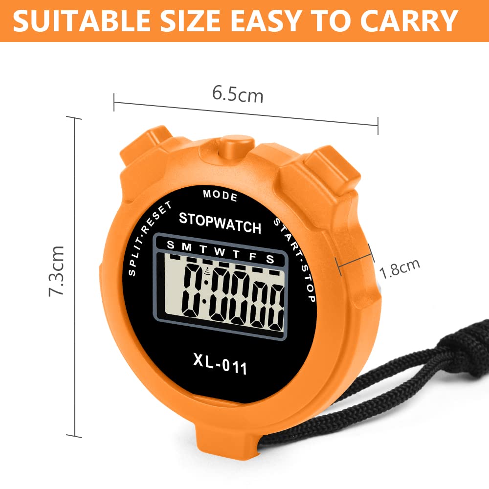 Vicloon Digital Simple Stopwatch - Large Display, Single Lap Split, 12/24 Hour Clock Alarm Date for Coaches, Kids' Training, Swimming, Running (Orange)