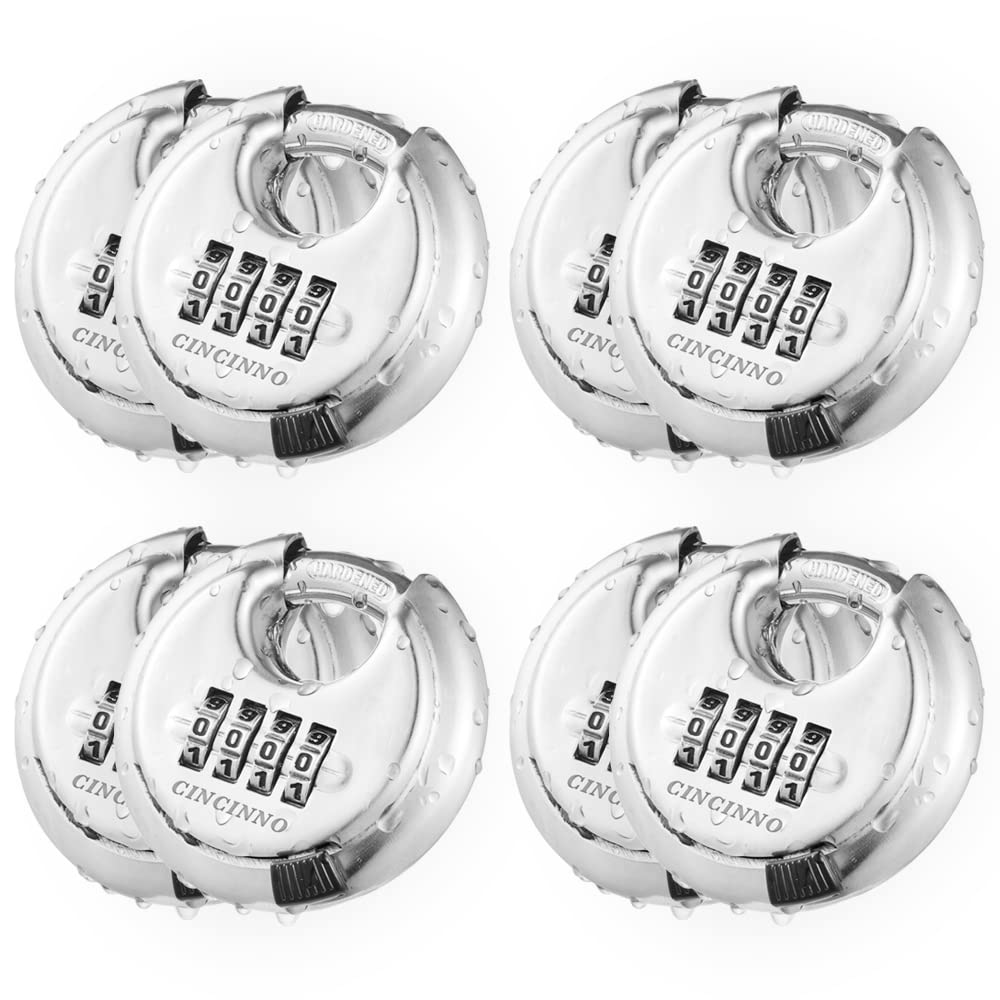 CINCINNO 4 Digit Combination Lock, Combination Disc Padlock with Hardened Steel Shackle Combo Padlock for Sheds, Locker, Storage Unit, Gym and Fence (8 Pcs)