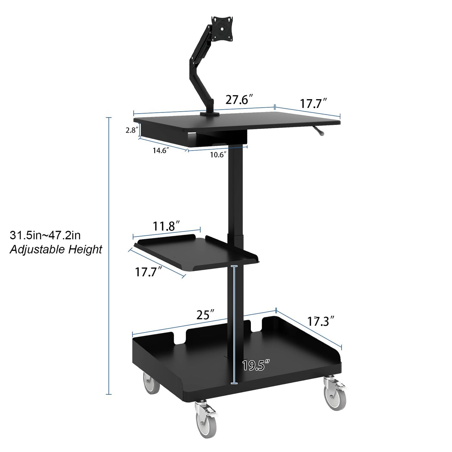 Natwind Mobile Workstation Cart with Monitor Mount,Height Adjustable Rolling Computer Cart, Heavy-Duty Rolling Standing Desk with CPU Holder for Home Office, School,Warehouse, Medical（Black）