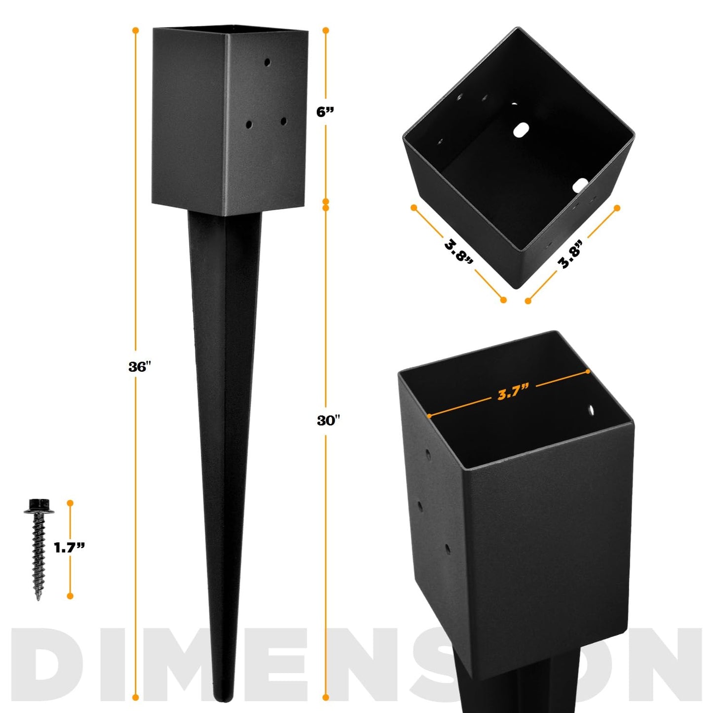 Fence Post Anchor 4''x4'', Heavy Duty Metal Fence Post Anchor Ground Spike 36''x4''x4'' for Fence, Mailbox, Bird feeder, Decking, Banner, with The Black Powder Coating Cover on The Surface (Set 8)