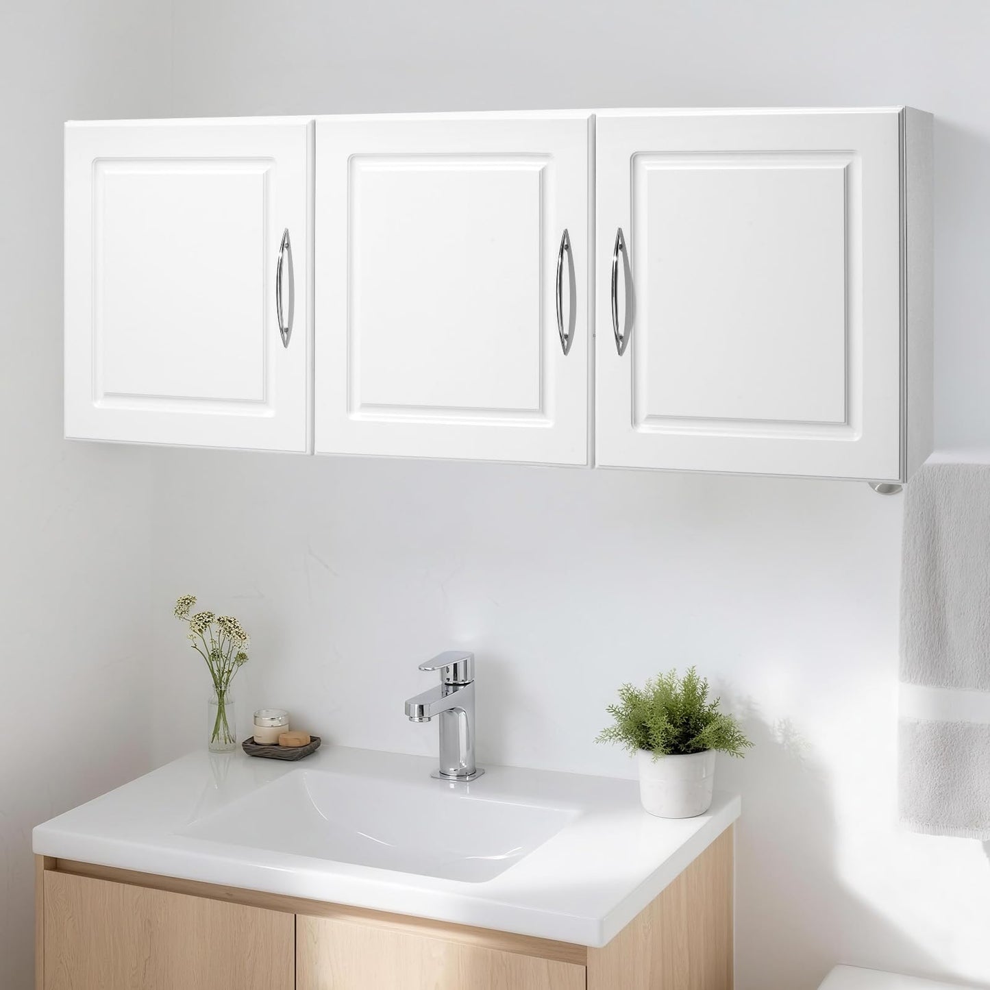 VEVOR Laundry Room Wall Cabinet, 2-Tier Wall Mounted Hanging Cabinet with Adjustable Shelf, Cupboard Storage with 3 Doors, for Kitchen, Bathroom, Laundry, 12.44 x 54 x 20.31 in (D x W x H), White