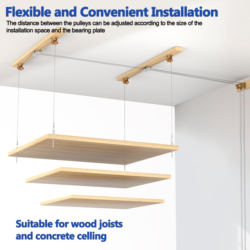 TooTaci Overhead Garage Storage Lift with 3/16 Steel Cable, Heavy Duty Ceiling Mounted Garage Storage Lift System for Organization, 300lbs Weight, Supports 8-16ft Ceilings (Deck and Winch Not Includ)