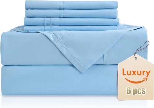 CozySmile Luxury Silky Soft Bed Sheet Set - 6 Piece Full Size | 16 Inch Deep Pocket, Wrinkle-Free & Cooling, Sky Blue