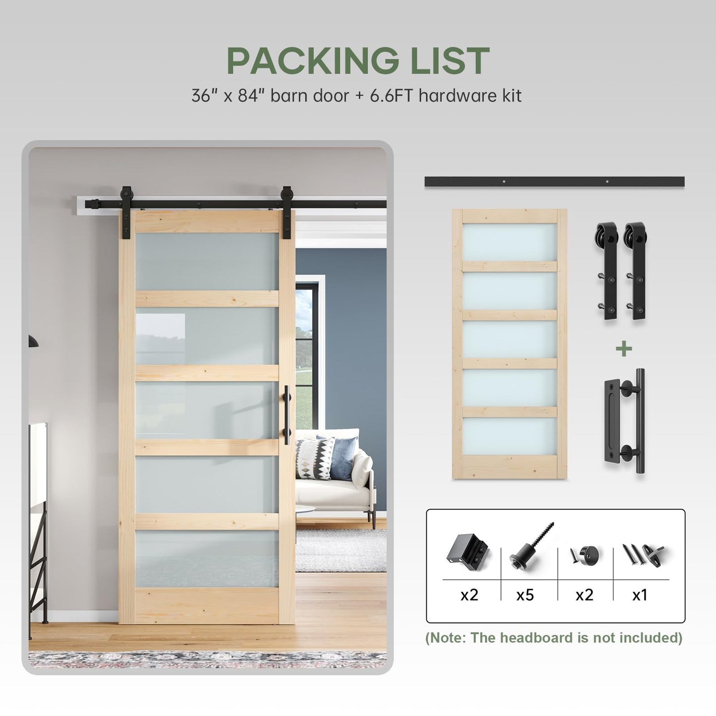 ROYMELO 36x84 inch Glass Sliding Barn Door Slab with 6.6ft Hardware Kit Included, 5-Panel Frosted Glass, Spruce Wood Support DIY Dyeing, Easy Assembly