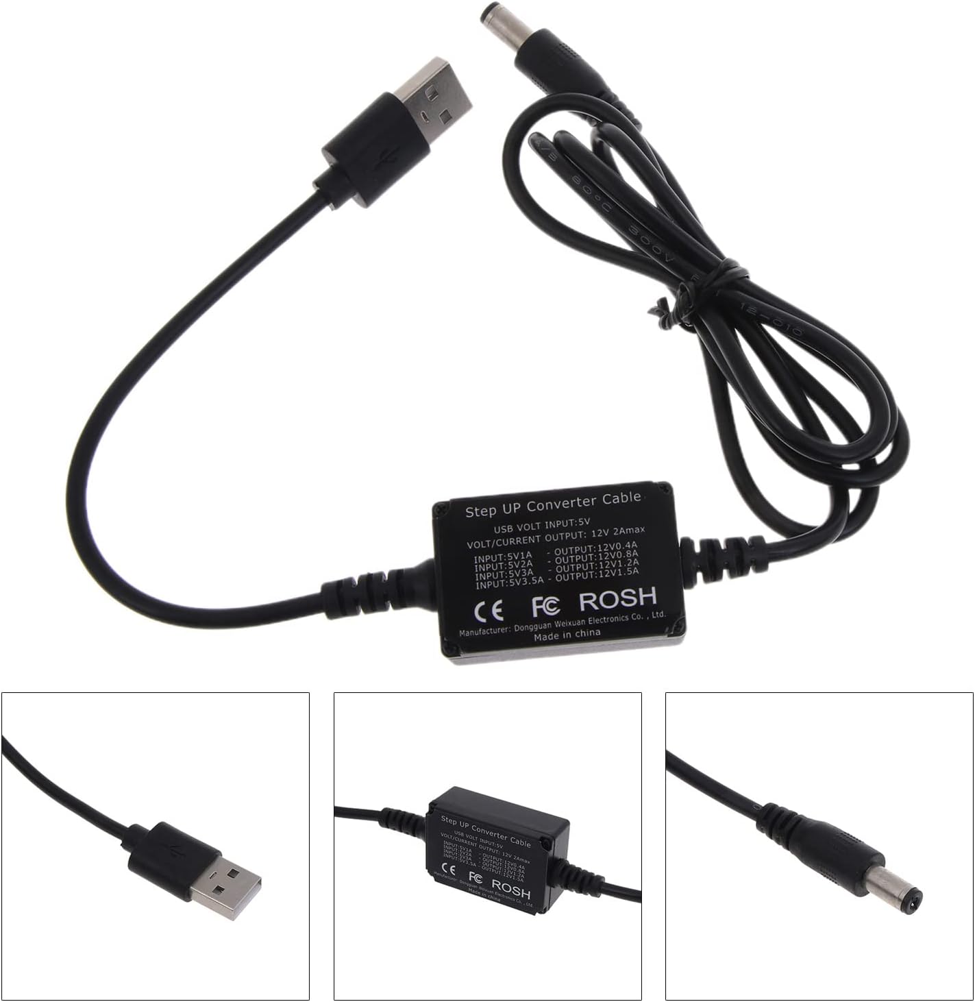 Bottone DC5.5x2.1mm 5V 12V, 3A, USB to Power Regulator Charging Cable, to Indoor Use, Compatible with Laptop, Power
