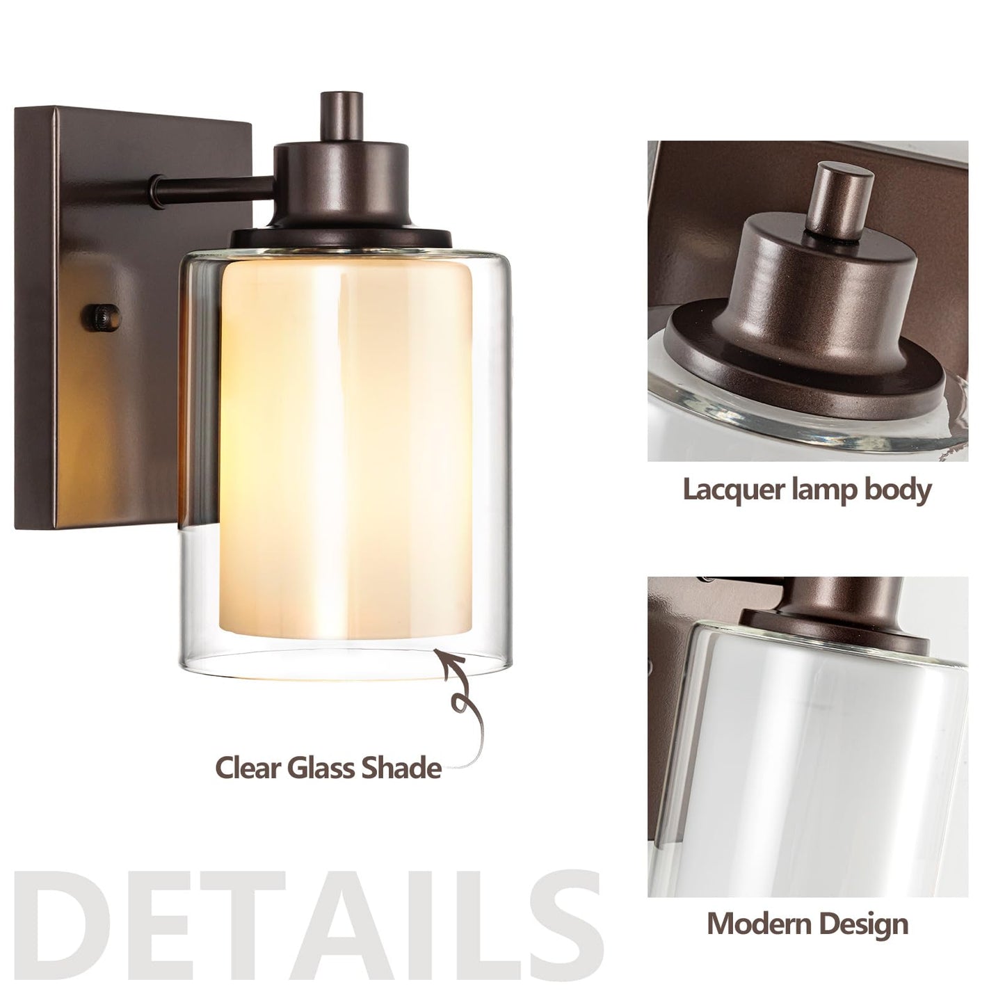 Eidonta Bath Vanity Light Fixtures, Modern 2 Pack Wall Scone, Oil Rubbed Bronze, Dual Glass Shade, Model Eidonta-2PACK-BVLF