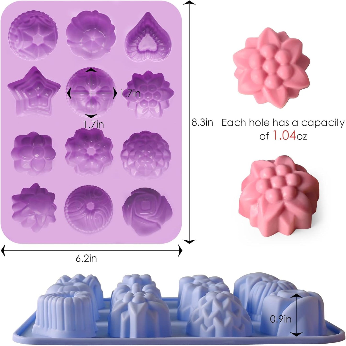 Sakolla Silicone Flower Molds - 12 Cavity Set for Chocolate, Cupcakes, Candy & More | Pink, Purple, Blue