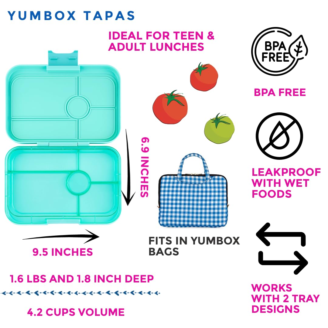 Yumbox Tapas Leakproof Bento Lunch Box - 5-Compartment Bento Container for Adults and Kids; Large Size 9.5x6.9x1.8; (Bali Aqua with Clear Aqua Tray)