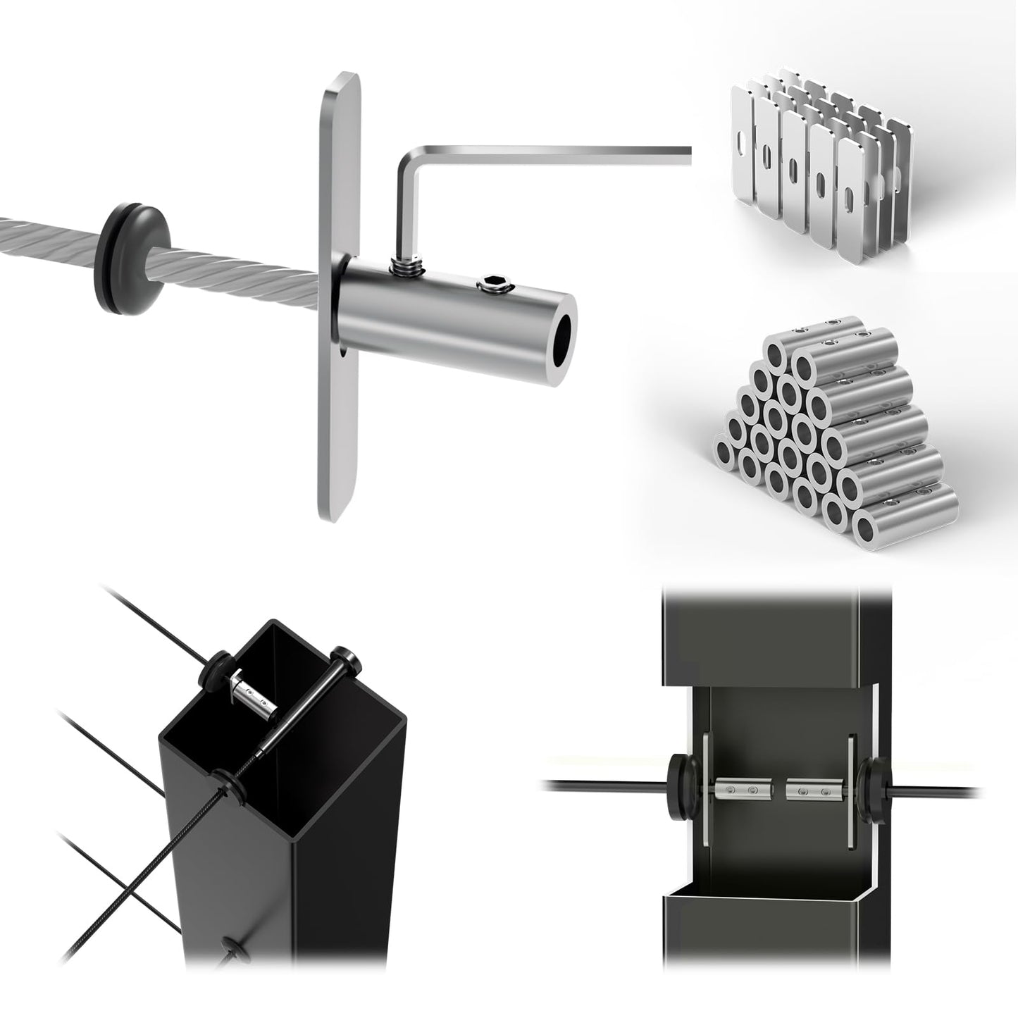 Zylorix 20 Pack Swageless Invisible Cable Railing Hardware, No-Crimp Reusable T316 Stainless Steel Fixed End Terminal for 1/8" & 1/10" Black Cable, 2"x2" Metal Level/Corner/Stair Post Deck Railing