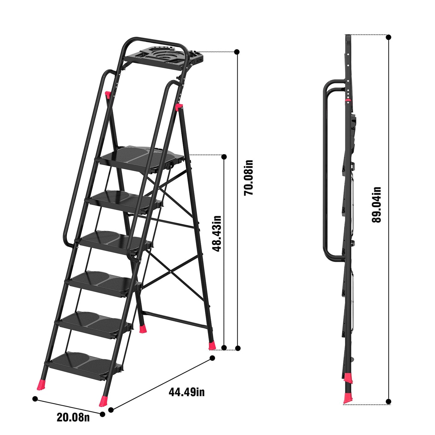 6 Step Foldable Step Ladder with Roomy Tool Tray & Secure Handrail, Wide Pedals Platform Stool 800lbs Capacity for Adults Home Kitchen