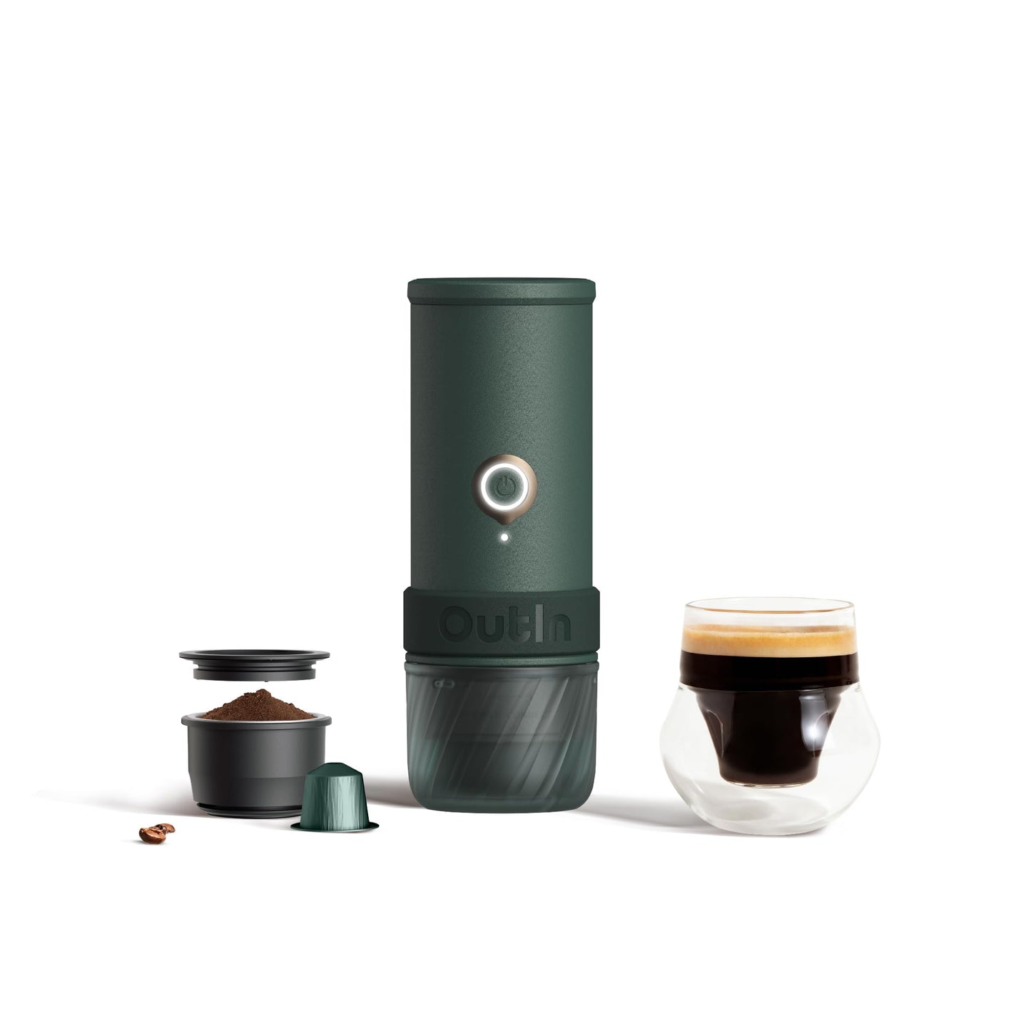 OutIn Mino with Fino, Portable Electric Espresso Machine with Portable Electric Coffee Grinder (Green & White)