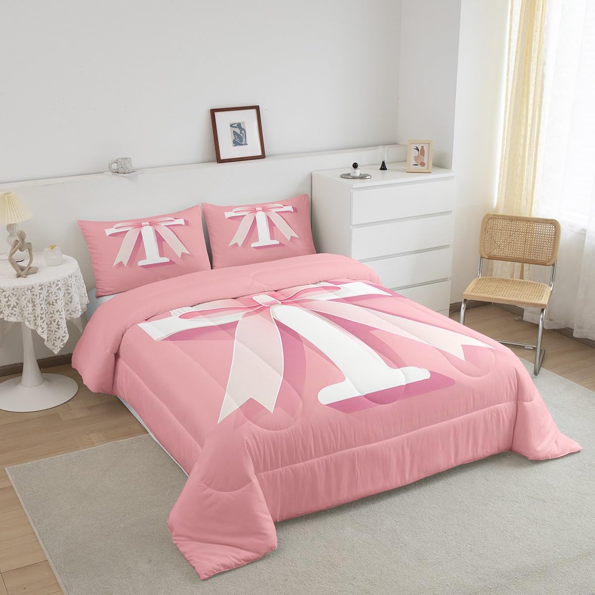 jejeloiu Kawaii Pink Bow Bedding Set, Queen Size, Decor Teen Girl Gifts Personalized Initial T Bedding Set, Ultra Soft Monogrammed Comforter Modern Fashion,Duvet Set Room Decor Quilt Set