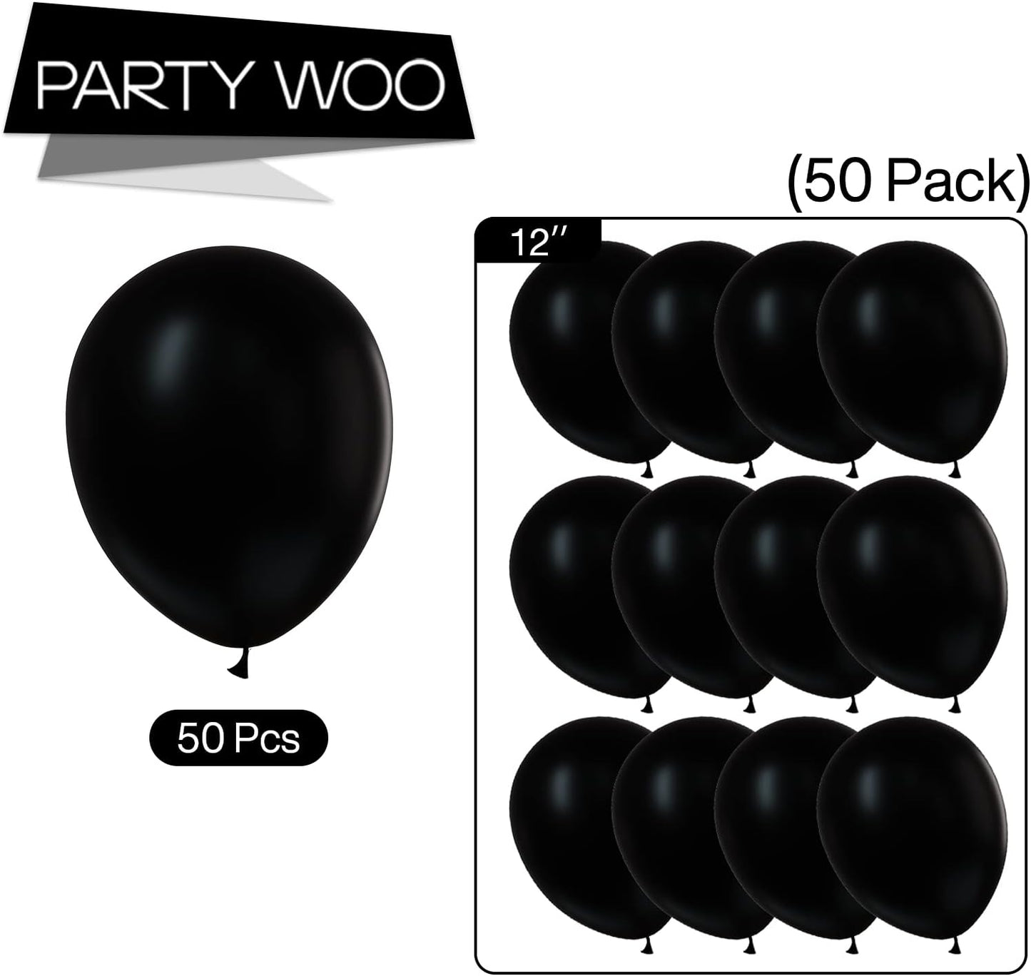 PartyWoo Black Balloons - 50 Pcs 12 Inch Matte Latex Helium Balloons for Parties & Events