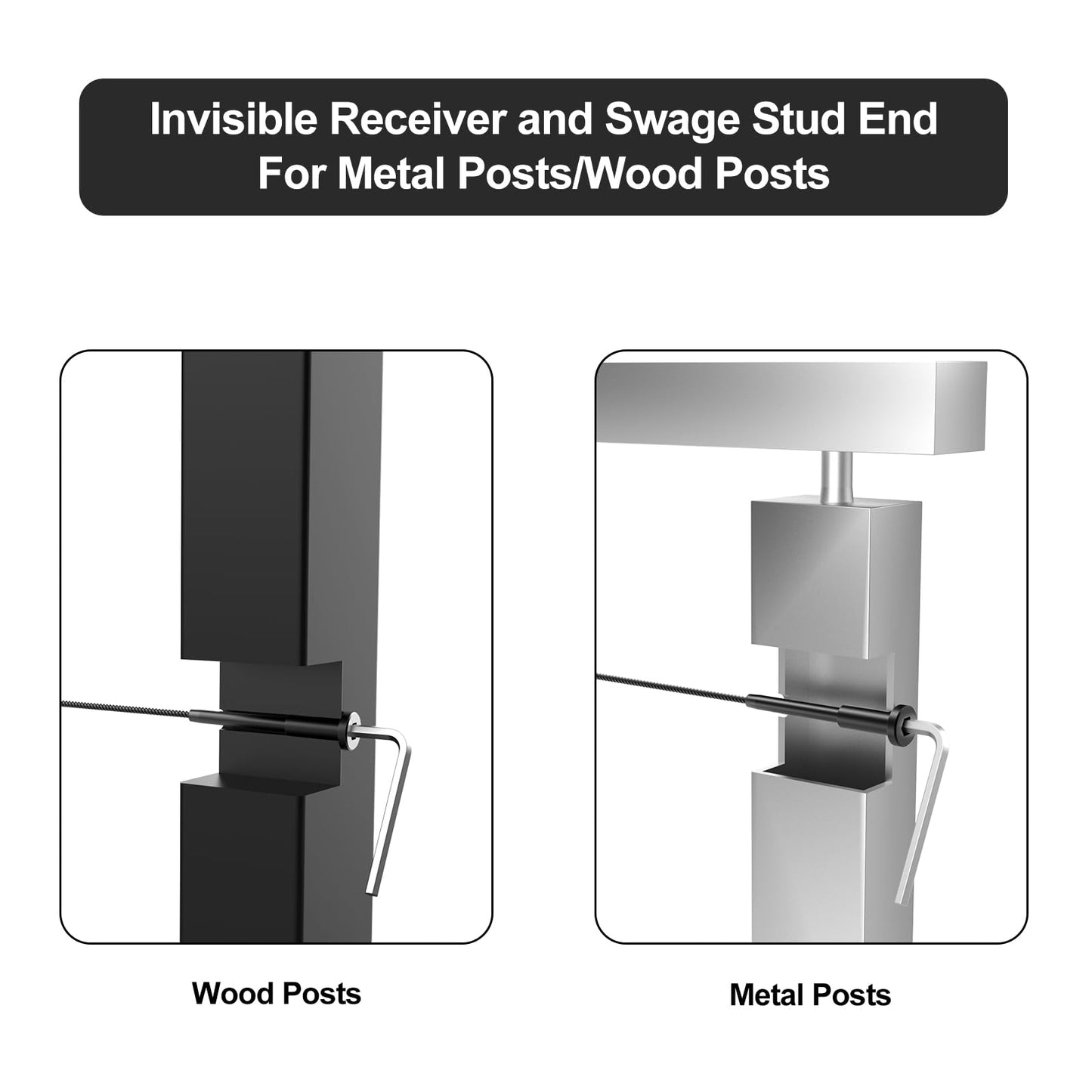 BLIKA 100 Pack 1/8" Black Stainless Steel Invisible Receiver and Swage Stud End for Cable Railing, Deck Stair Threaded End Fitting for Wood & Metal Post, Black Cable Railing Hardware