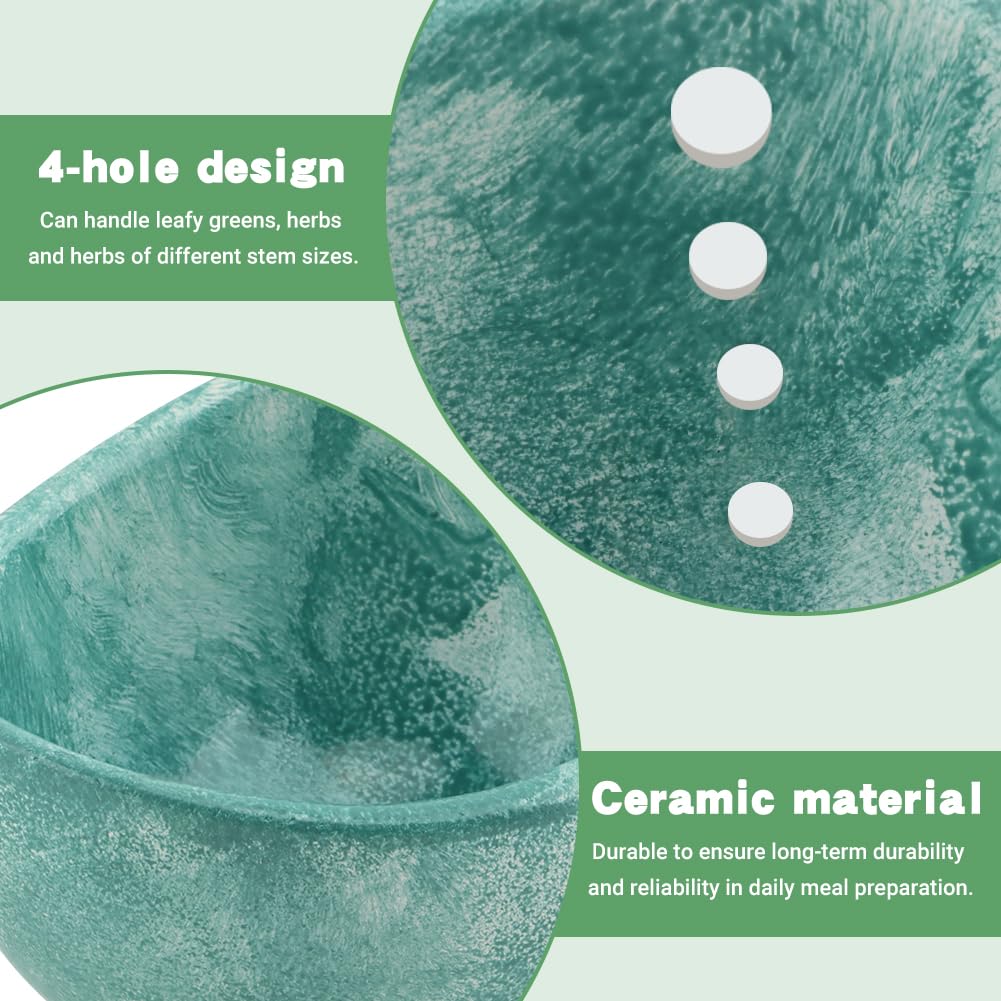 Pottery Herb Stripper Bowl, Handmade Ceramic Herb Peeling Cup with Different Hole Sizes for Separating Leaves and Stems (Blue)