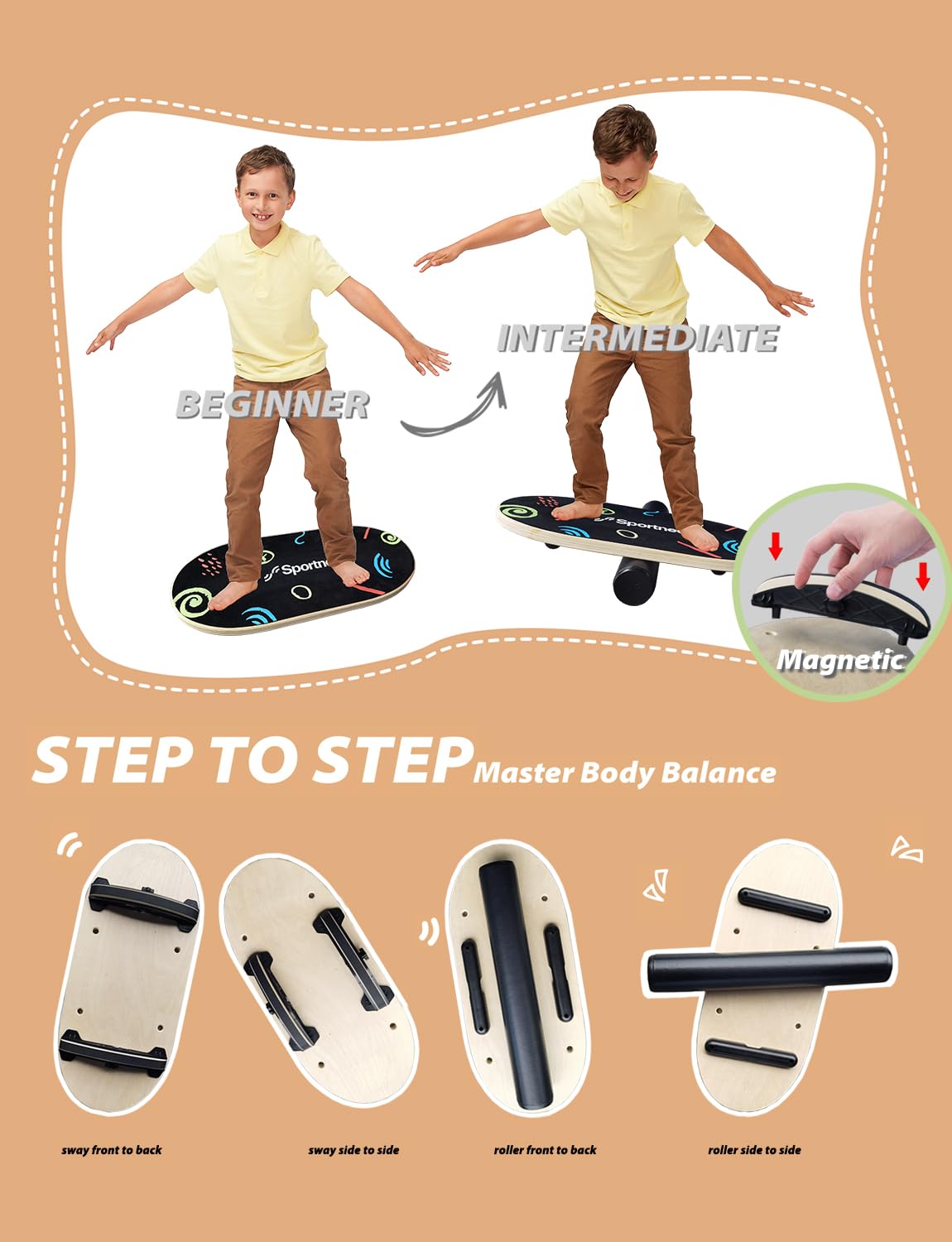 Sportneer Balance Board Kids Wooden Wobble Board for Kids, Safe and Sturdy Balance Trainer, Kids Balance Board for 3-5 6-12 (With Semi-circular Wobble Blocks)