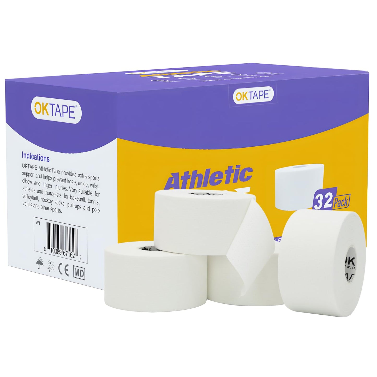OK TAPE Athletic Sports Tape Bulk（32-Rolls - 480yds Very Strong Tape for Athlete & Sport Trainers & First Aid Injury Wrap, Perfect for Fingers Ankles Wrist on Bat, Hockey Stick - White