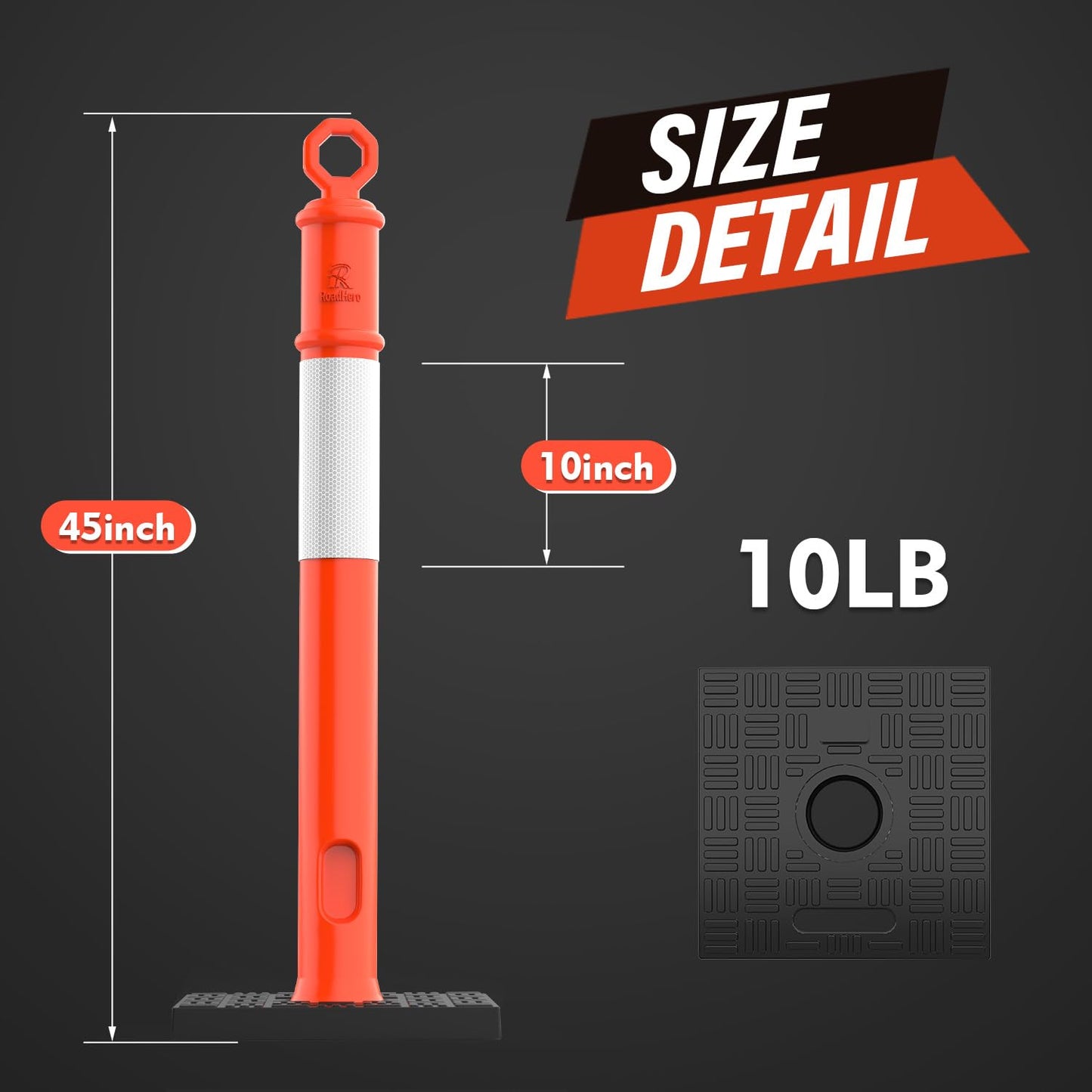 RoadHero 45 Inch Delineator Post with Base, Portable Orange Traffic Delineator Posts Cones with Reflective Collars for Parking Lots, Road Safety, Construction Events 6 Pack