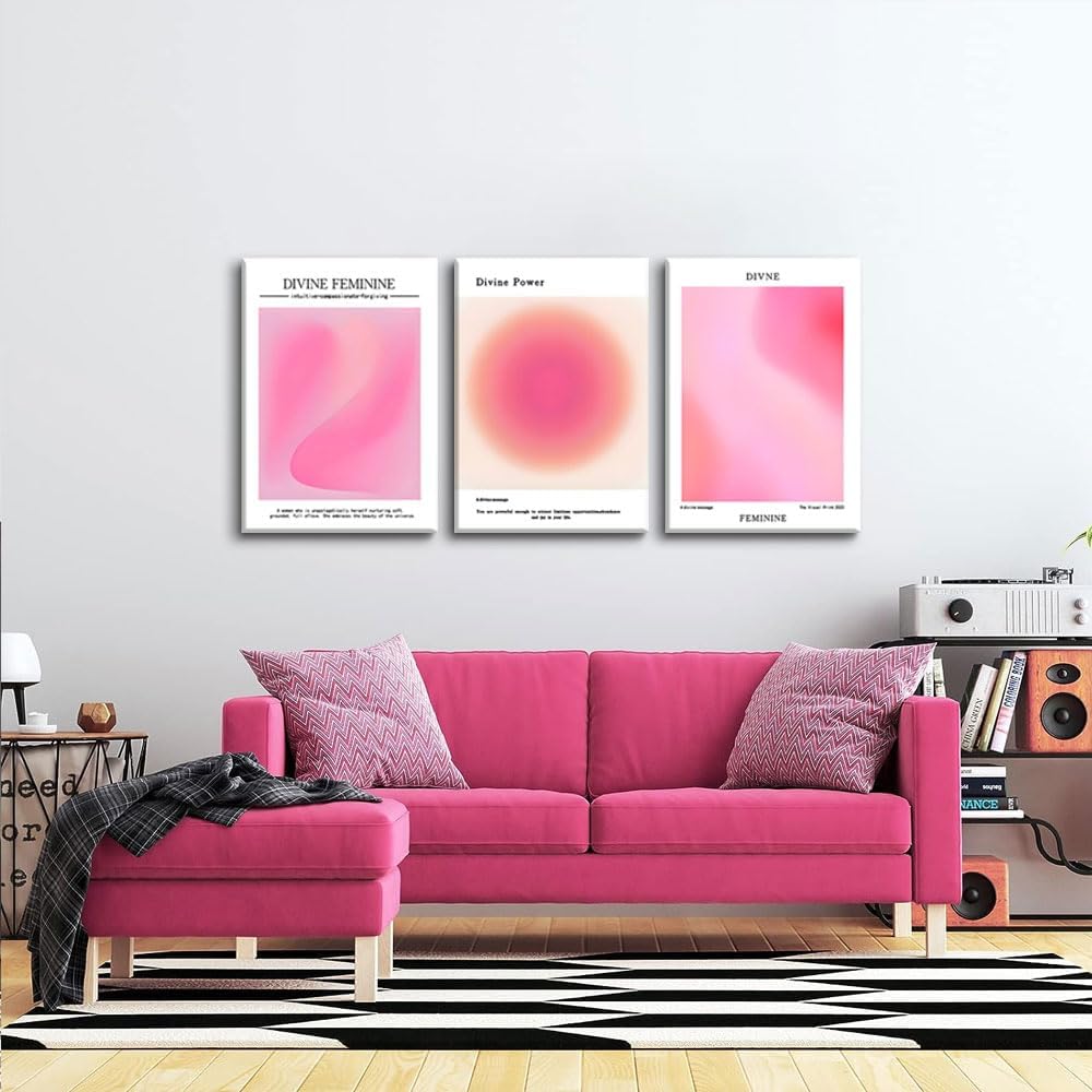 Skiennix Canvas Wall Art Set of 3 - Pink Gradient Aura Angel Posters | Framed 12x16 Inch Decor for Bedroom & Living Room