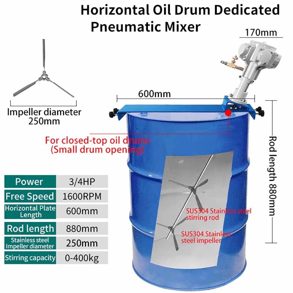 TEBILIKU 55 Gallon Closed Head Drum Mixer 3/4HP Material Viscosity for 1-5000CP Pneumatic Tank Paint Stirring Air Agitator Foldable Blade for Paint, Ink, Chemical Material