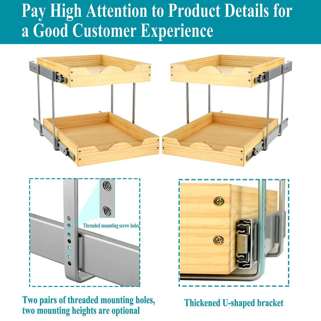 OCG 2 Tier Pull Out Drawers For Cabinets, Double Tier Slide out Wood Cabinet Organizer, Pull Out Shelves for Base Cabinet Organization in Kitchen, Pantry, Bathroom
