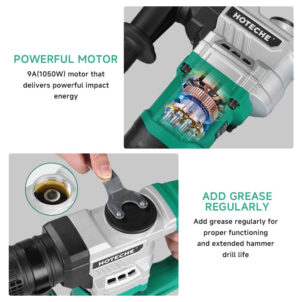 Hoteche 1050W Demolition Hammer, 15J Impact Force Jack Hammer with 4000/min Impact Frequency, Green, Color Box + Plastic Case Packaging